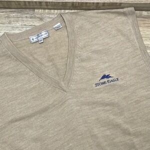 Peter Millar Merino Wool V-Neck Sweater Vest Mens XL Tan Stone Eagle Golf Club